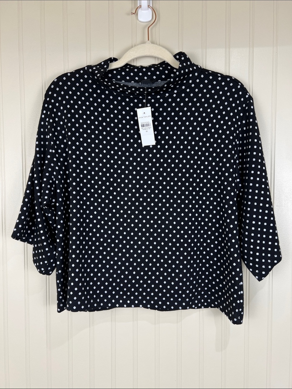 NWT Ann Taylor Mock Neck Polka Dot Knit Top Black White Size Medium
